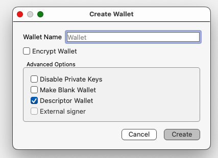 Create Wallet dialog box